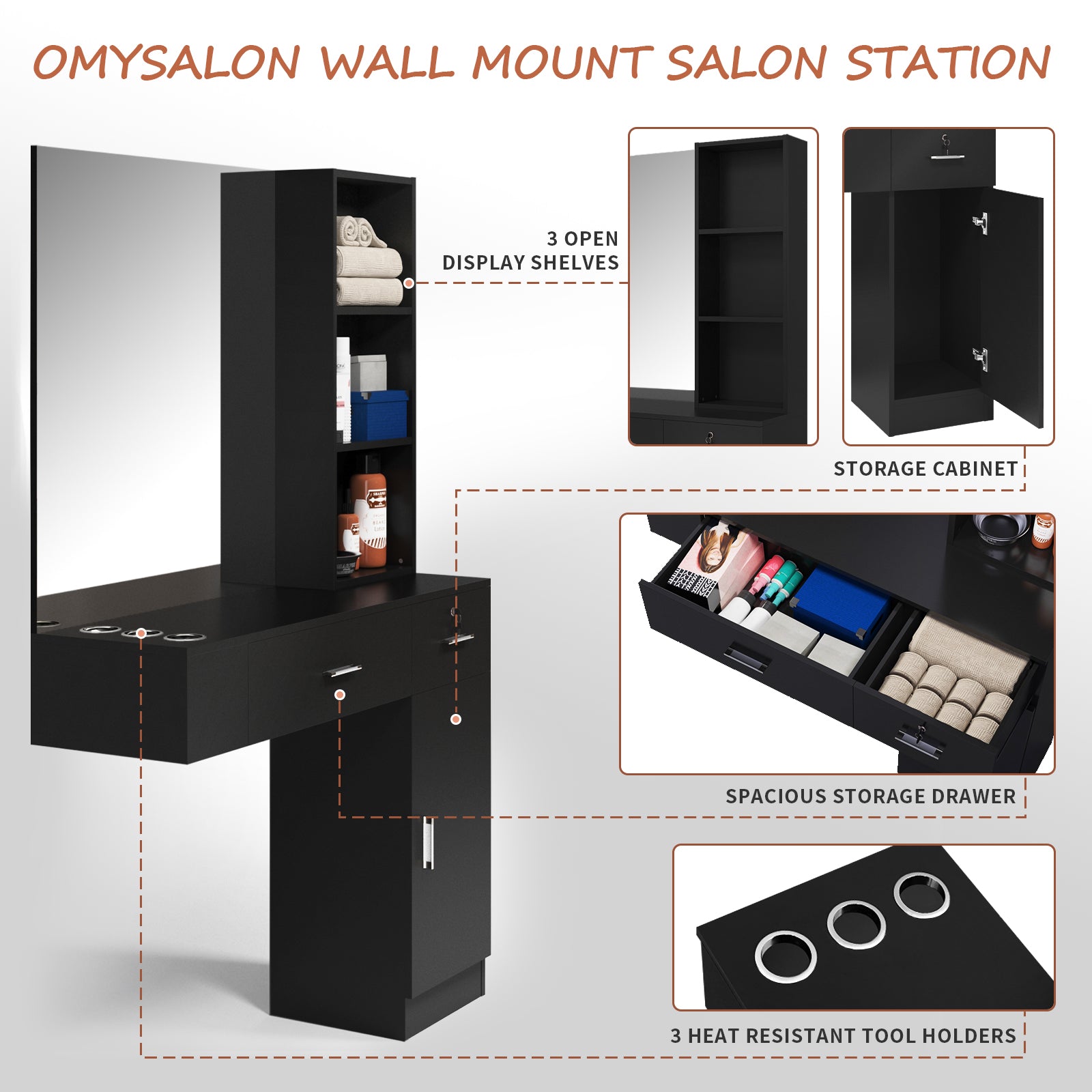 OmySalon HSC-15 Wall Mount Barber Station 2 Drawers 1 Storage Cabinet 3 Open Shelves with Mirror