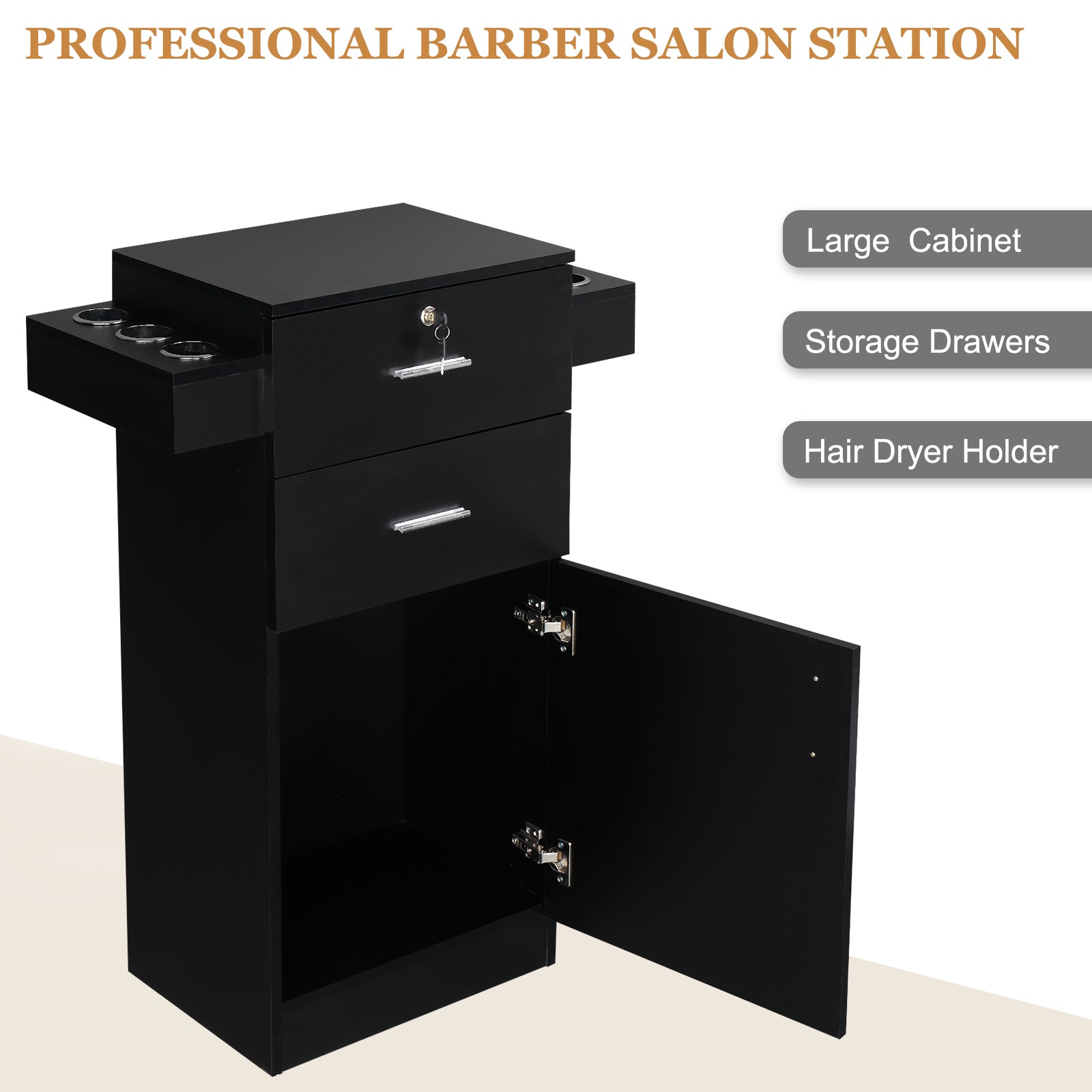 OmySalon HSC-10 Free Standing Wooden Salon Barber Station Cabinet w/2 drawers 1 Cabinet 6 Hair Dryer Holders