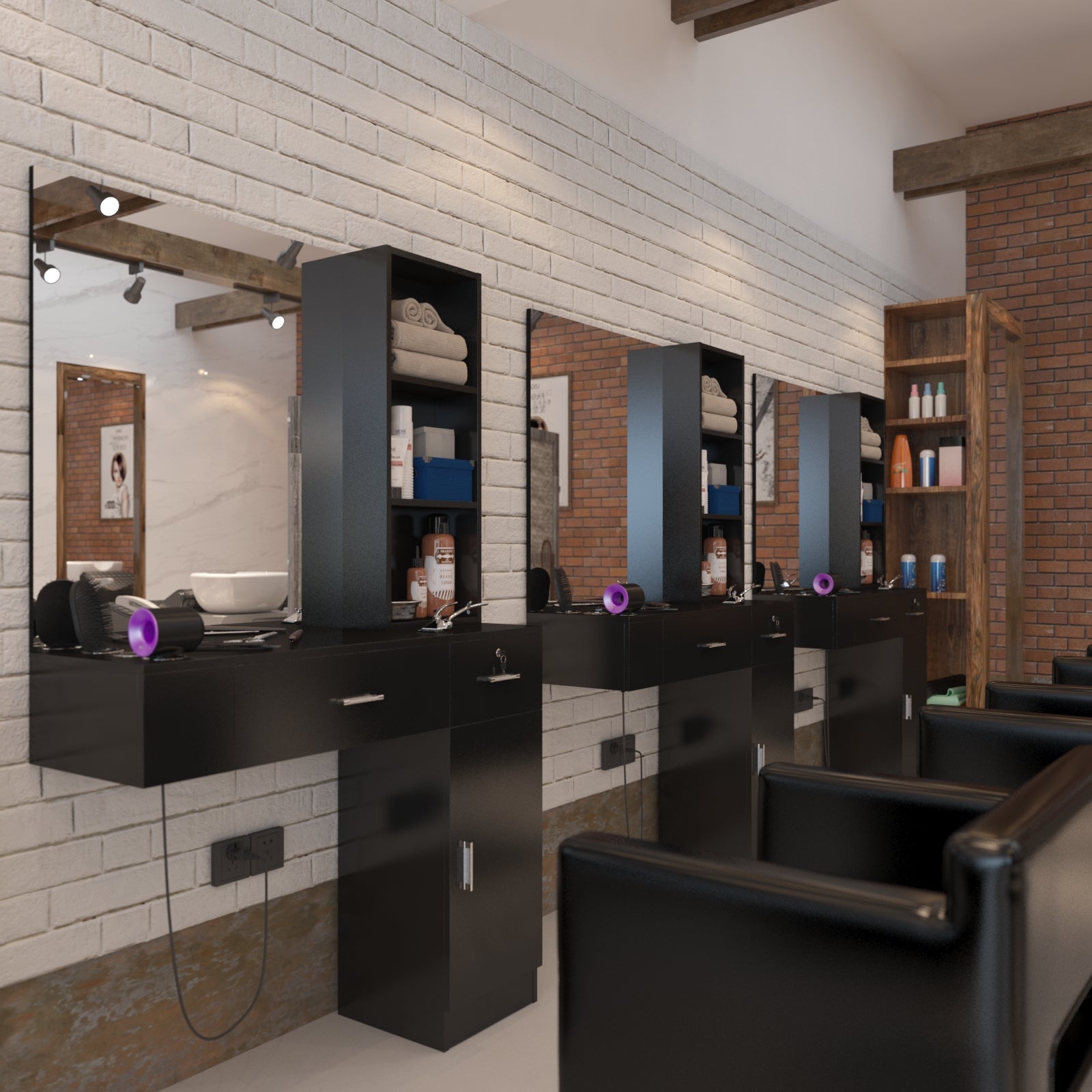 OmySalon HSC-15 Wall Mount Barber Station 2 Drawers 1 Storage Cabinet 3 Open Shelves with Mirror