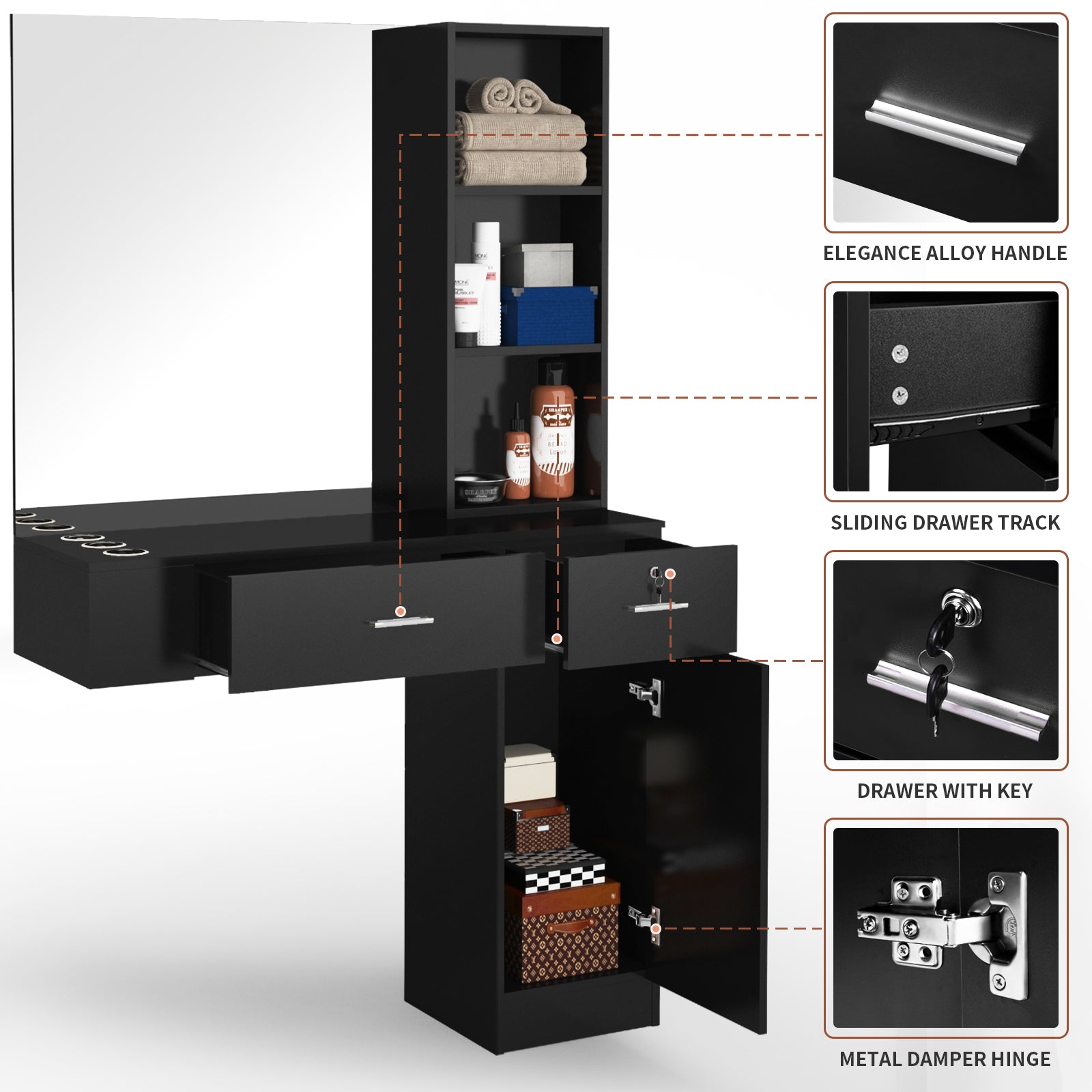 OmySalon HSC-15 Wall Mount Barber Station 2 Drawers 1 Storage Cabinet 3 Open Shelves with Mirror
