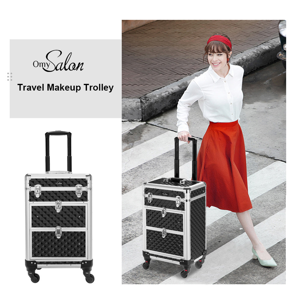 Omysalon SM7208 Aluminum Rolling Makeup Train Case with 2 Sliding Drawers & Diamond Textures