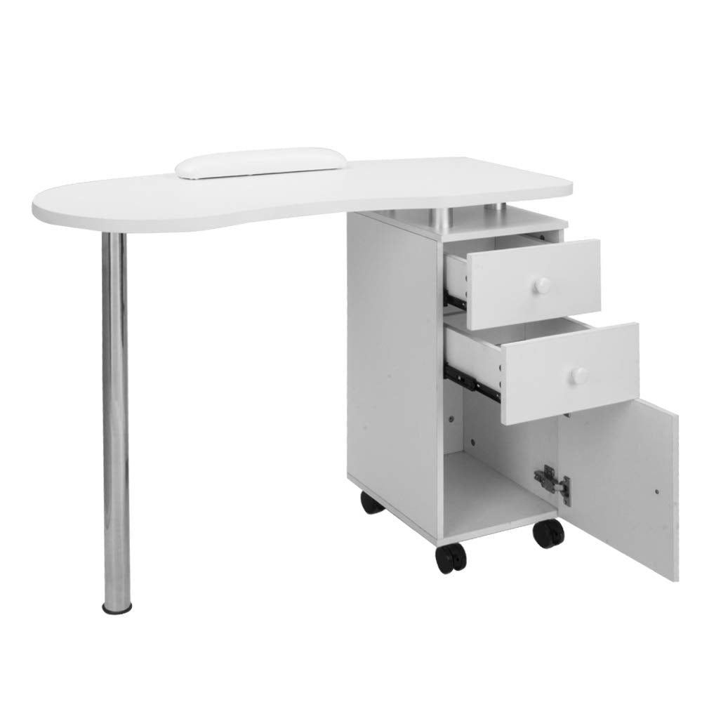 OmySalon Single Stainless Steel Leg Nail Manicure Table w/Round Corner Tabletop & Wrist Rest & 2 Drawers 1 Cabinet on Wheels