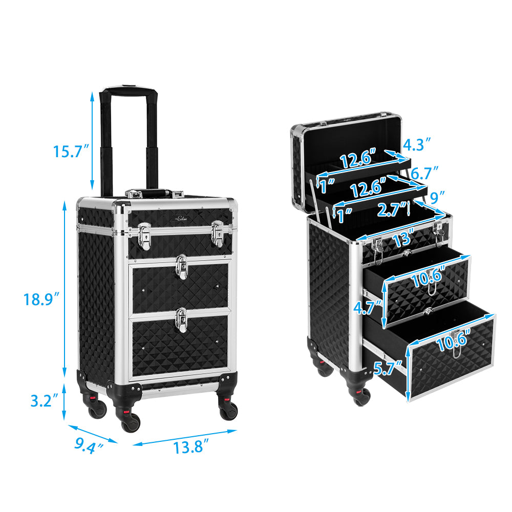 Omysalon SM7208 Aluminum Rolling Makeup Train Case with 2 Sliding Drawers & Diamond Textures