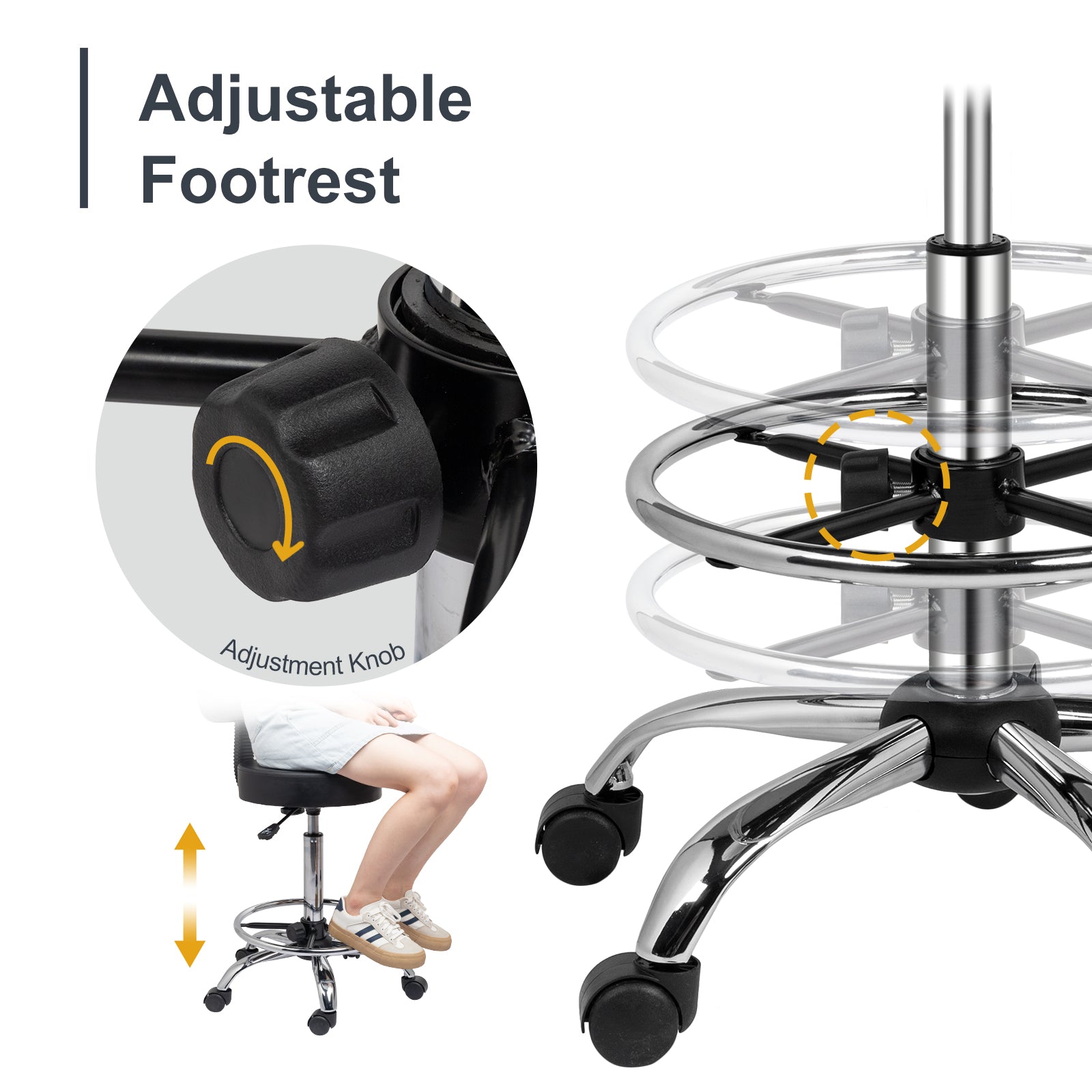 OmySalon Adjustable Thick Seat Cushion Rolling Stool with Back Support & Footrest
