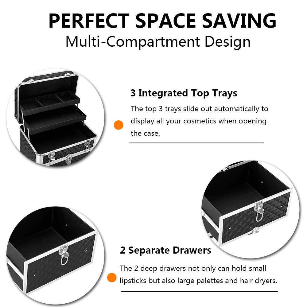 Omysalon SM7208 Aluminum Rolling Makeup Train Case with 2 Sliding Drawers & Diamond Textures