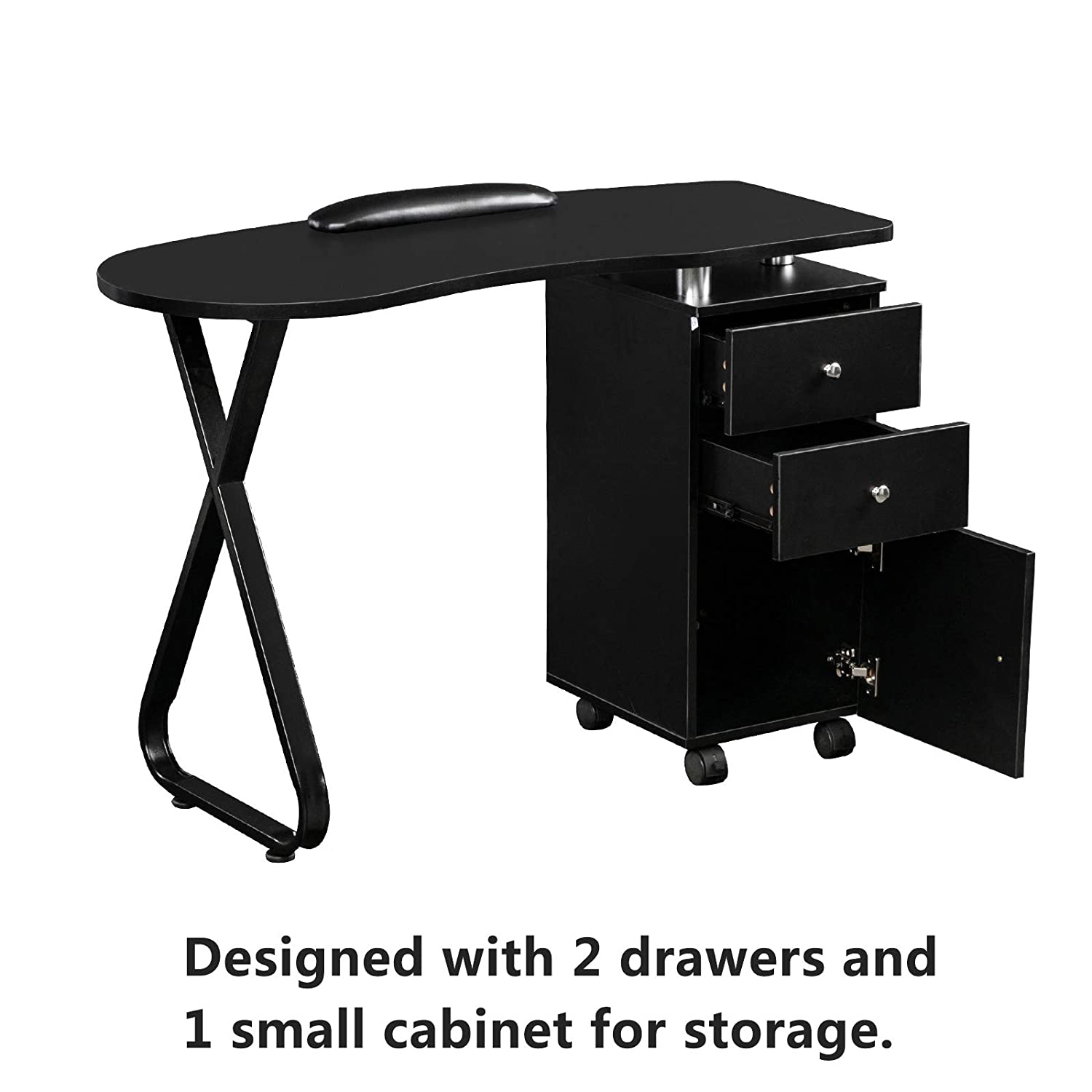 OmySalon Manicure Table Nail Desk with Wheels Black