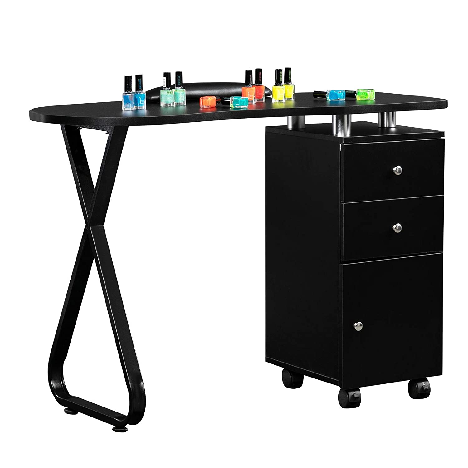 OmySalon Manicure Table Nail Desk with Wheels Black