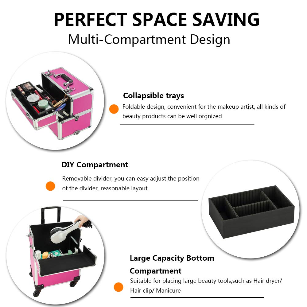 Omysalon MCA301 2-in-1 Aluminum Rolling Makeup Train Organizer