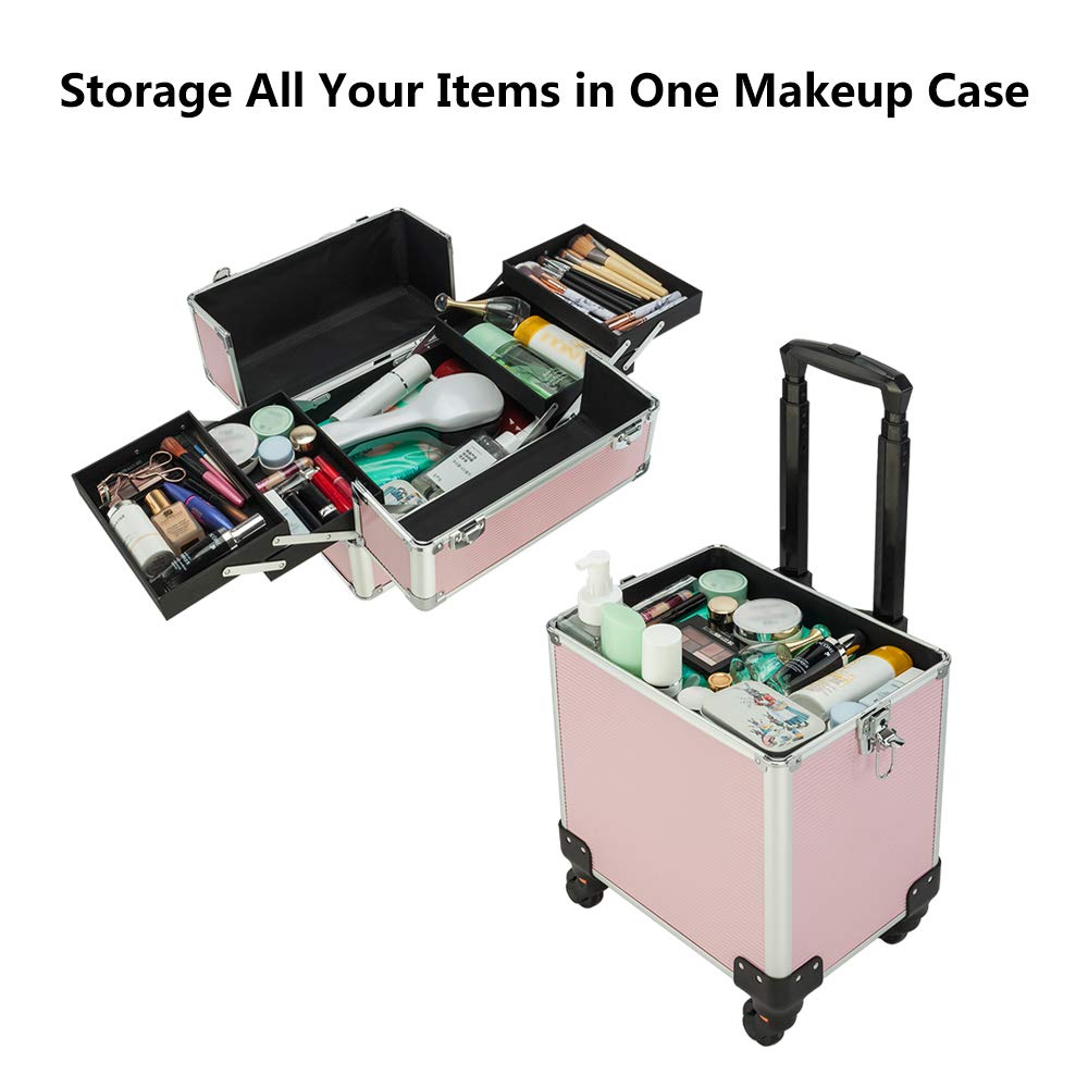 Omysalon Aluminum 4-in-1 Rolling Makeup Train Organizer Lockable Cosmetic Case Pink/Black