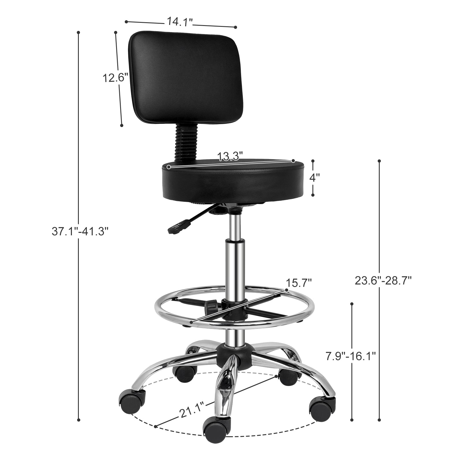 OmySalon Adjustable Thick Seat Cushion Rolling Stool with Back Support & Footrest