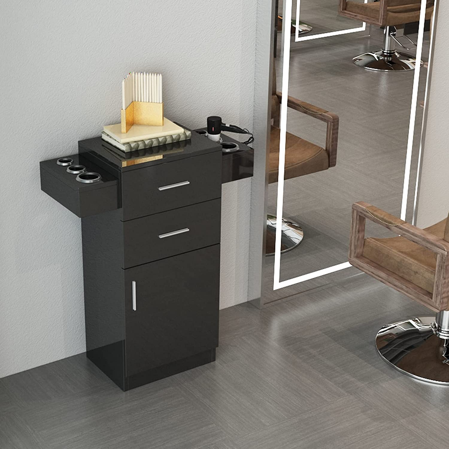OmySalon HSC-10 Free Standing Wooden Salon Barber Station Cabinet w/2 drawers 1 Cabinet 6 Hair Dryer Holders