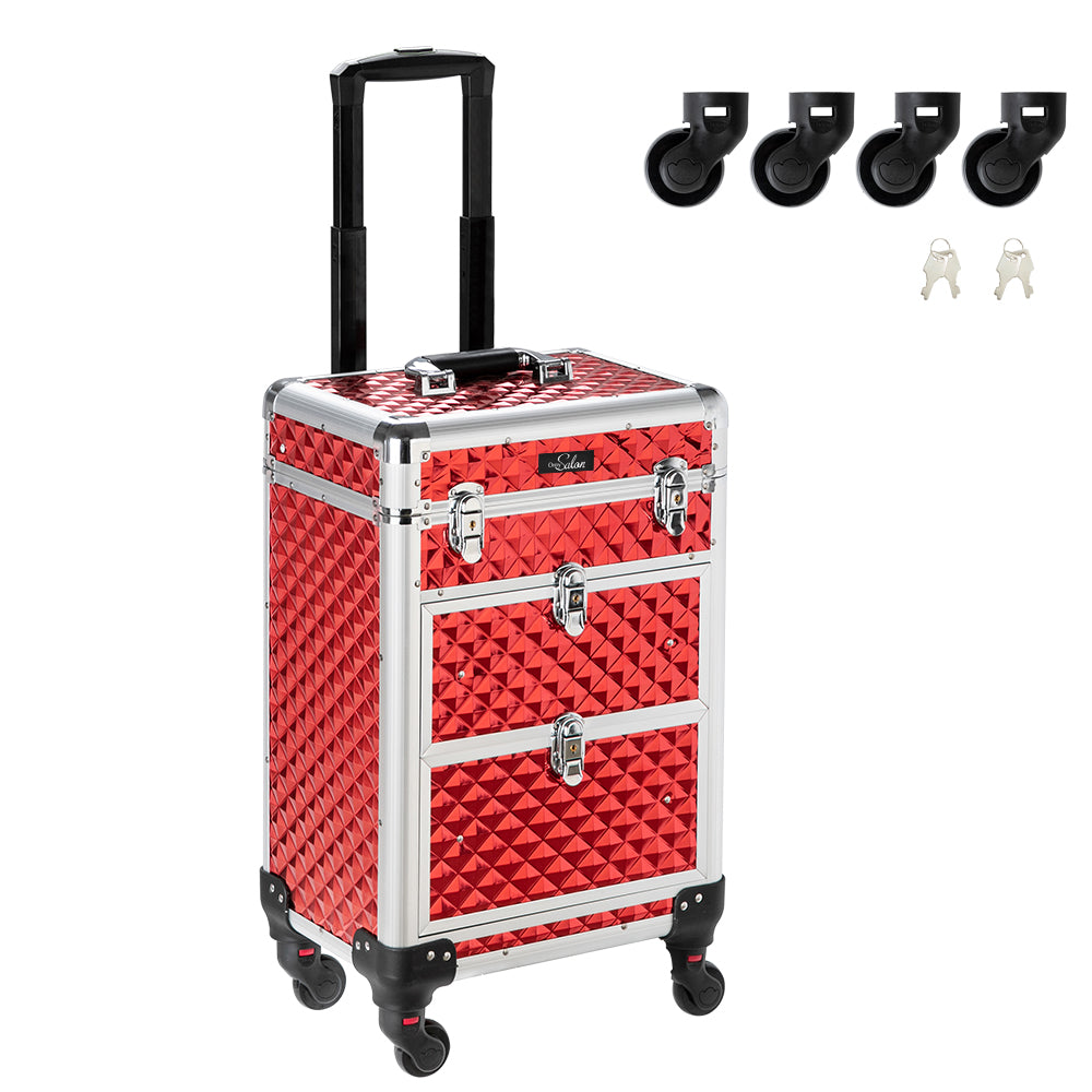 Omysalon SM7208 Aluminum Rolling Makeup Train Case with 2 Sliding Drawers & Diamond Textures