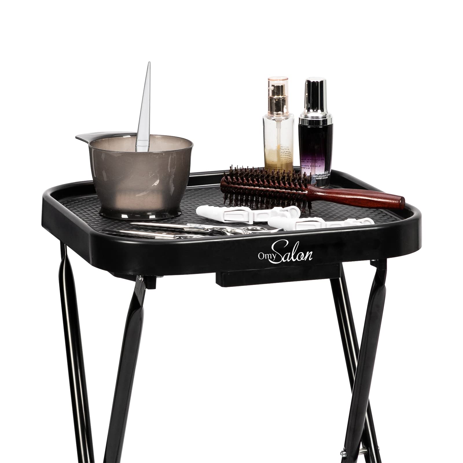 OmySalon Rolling Salon Tray Cart Folding Trolley for Stylist Black