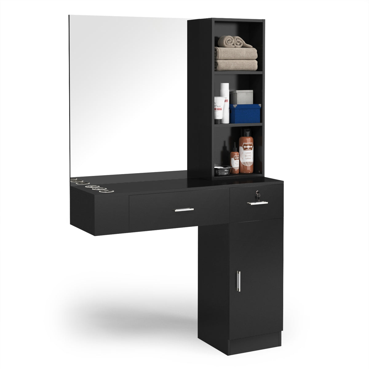 OmySalon HSC-15 Wall Mount Barber Station 2 Drawers 1 Storage Cabinet 3 Open Shelves with Mirror