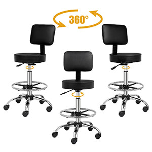 OmySalon Adjustable Thick Seat Cushion Rolling Stool with Back Support & Footrest