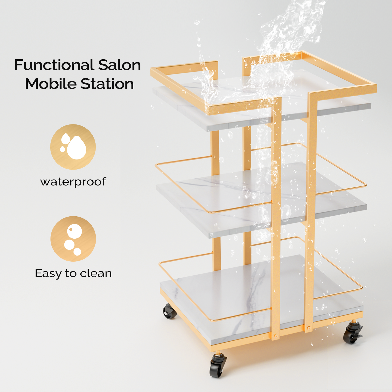 OmySalon ST1501 Rolling Esthetician Trolley Cart w/Wheels & 3 Wood Shelves
