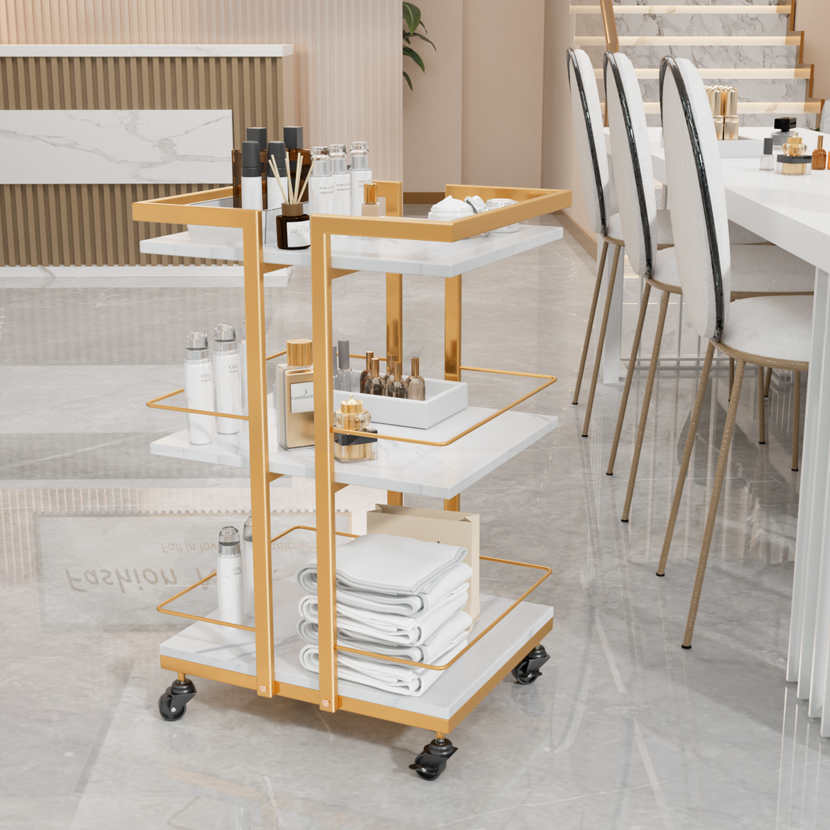 OmySalon Rolling Esthetician Trolley Cart w/Wheels & 3 Wood Shelves