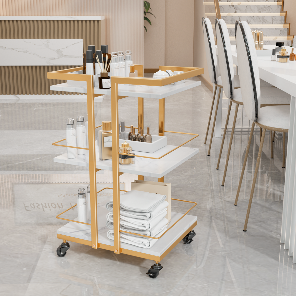 OmySalon ST1501 Rolling Esthetician Trolley Cart w/Wheels & 3 Wood Shelves