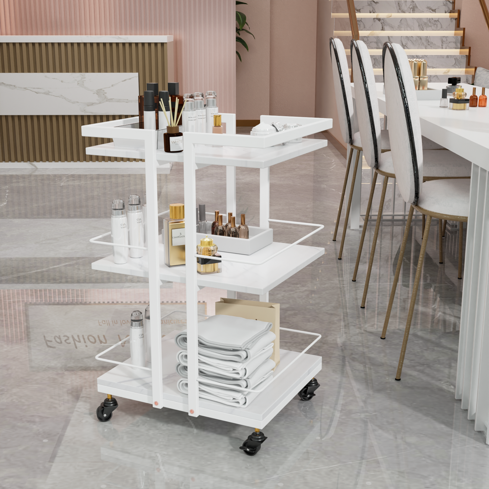 OmySalon ST1501 Rolling Esthetician Trolley Cart w/Wheels & 3 Wood Shelves