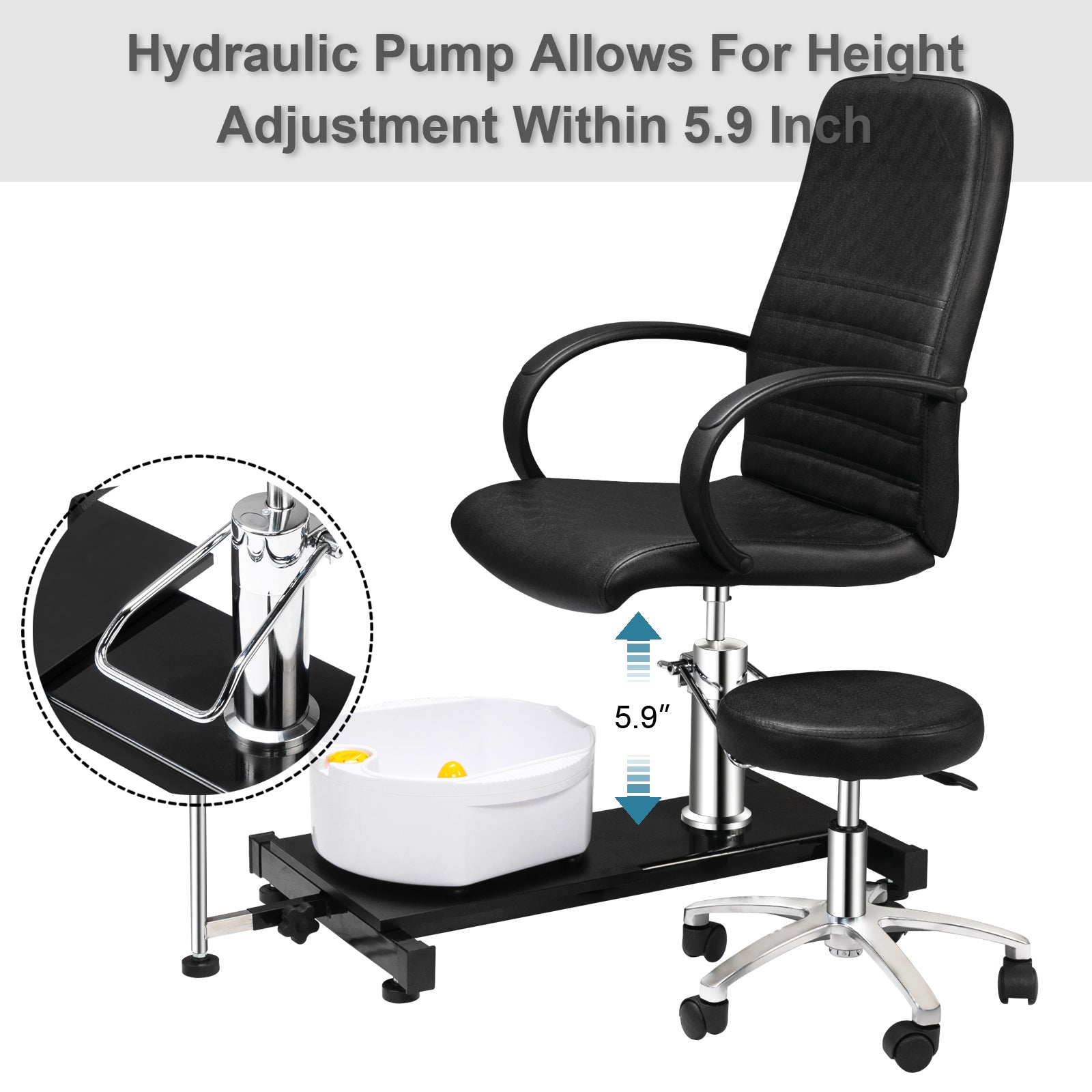 OmySalon PUS-01 Hydraulic Pedicure Chair with Adjustable Foot Rest & Bubble Massage Foot Bath & Rolling Stool