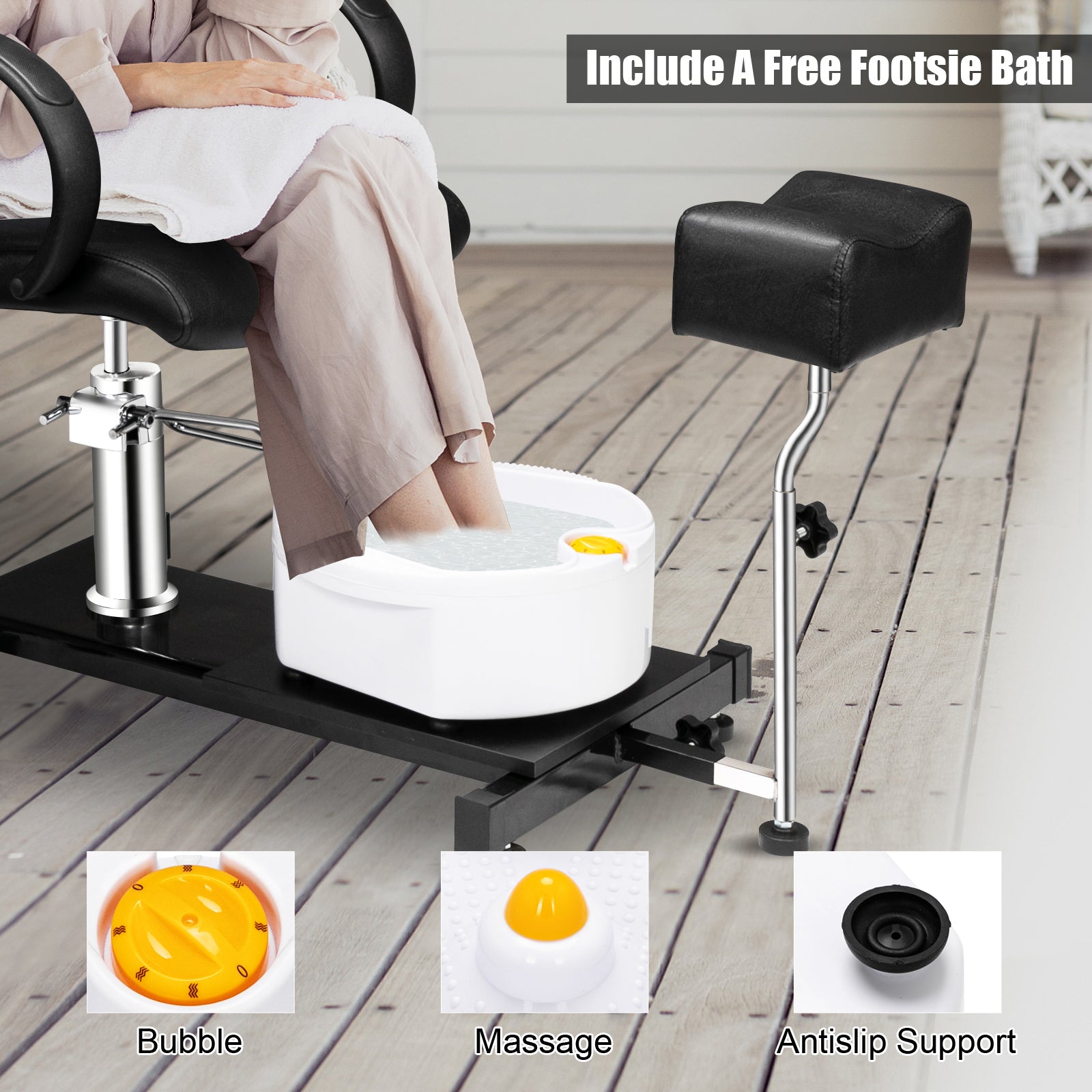 OmySalon PUS-01 Hydraulic Pedicure Chair with Adjustable Foot Rest & Bubble Massage Foot Bath & Rolling Stool