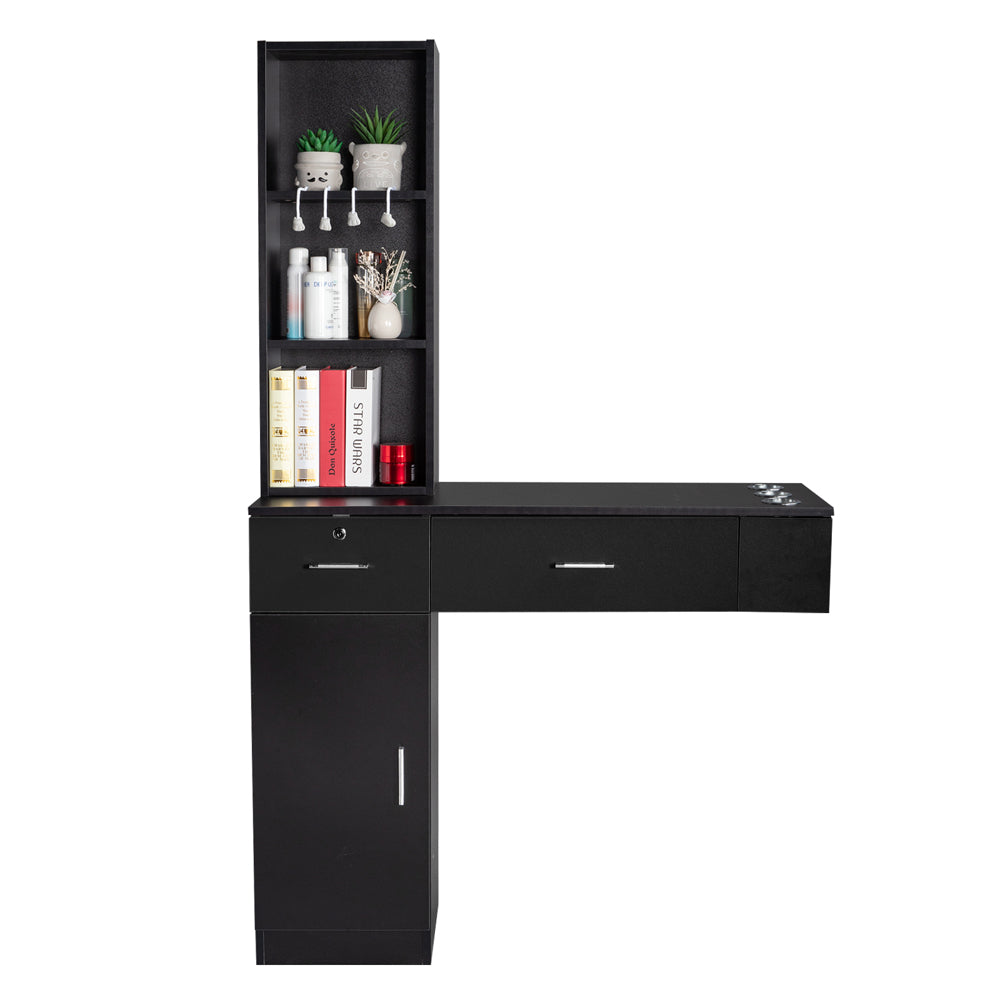 OmySalon Wall Mount Barber Station with 2 Drawers 1 Cabinet 3 Shelves White/Black/Red & Black