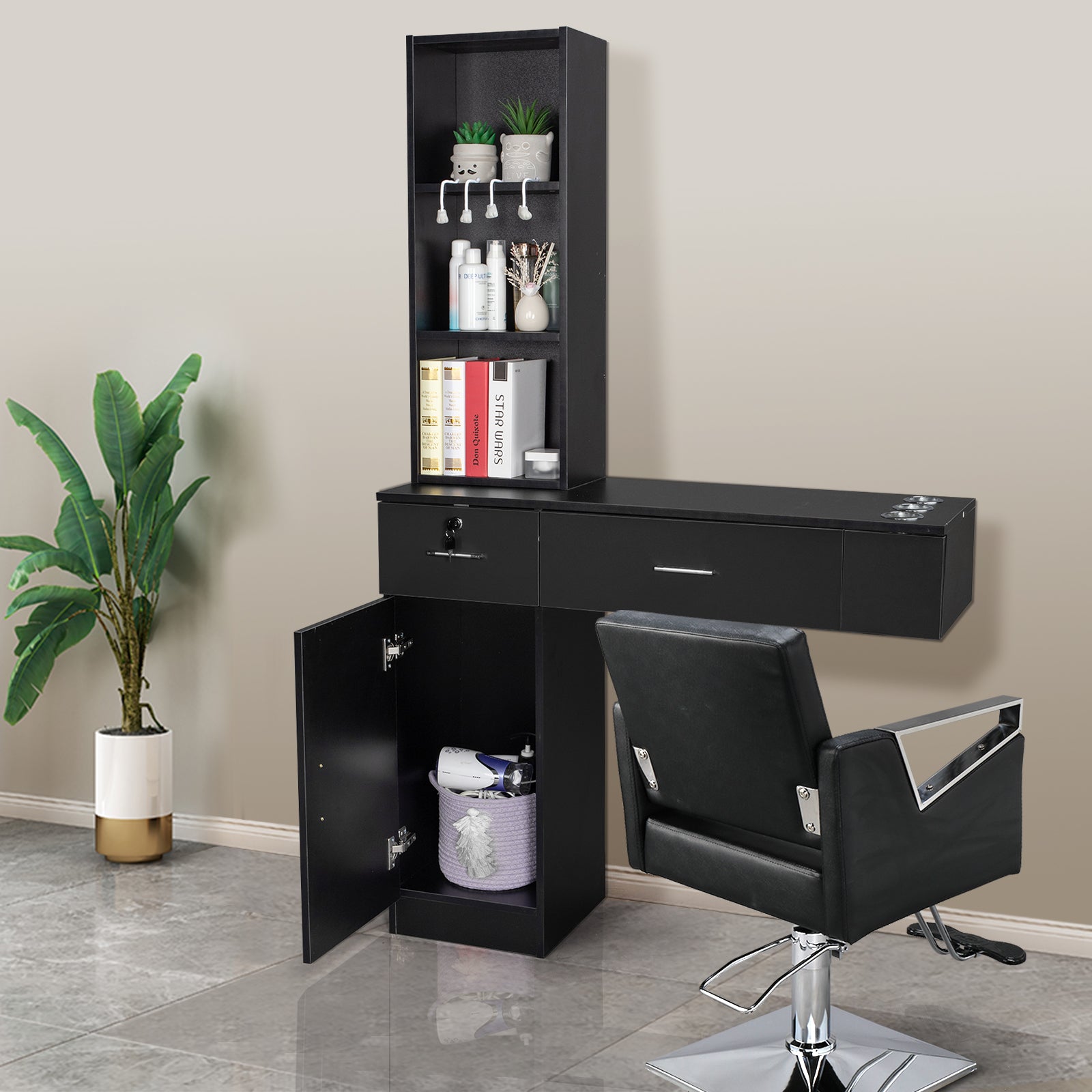 OmySalon HSC-06 Wall Mount Barber Station w/2 Drawers 1 Storage Cabinet 3 Open Shelves