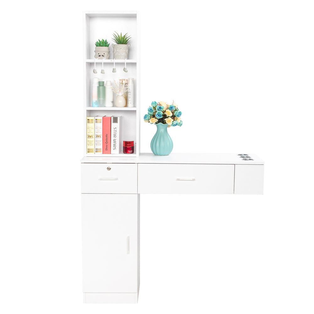 OmySalon Wall Mount Barber Station with 2 Drawers 1 Cabinet 3 Shelves White/Black/Red & Black