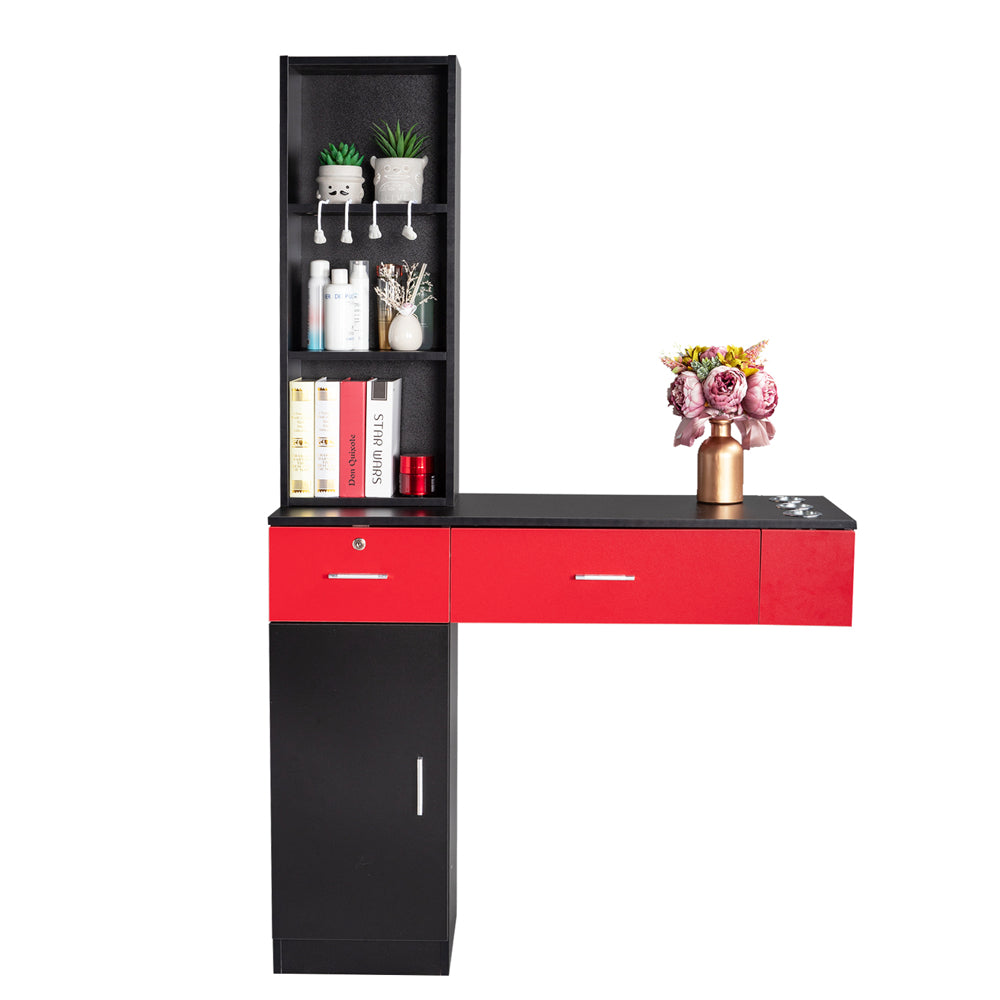 OmySalon Wall Mount Barber Station with 2 Drawers 1 Cabinet 3 Shelves White/Black/Red & Black