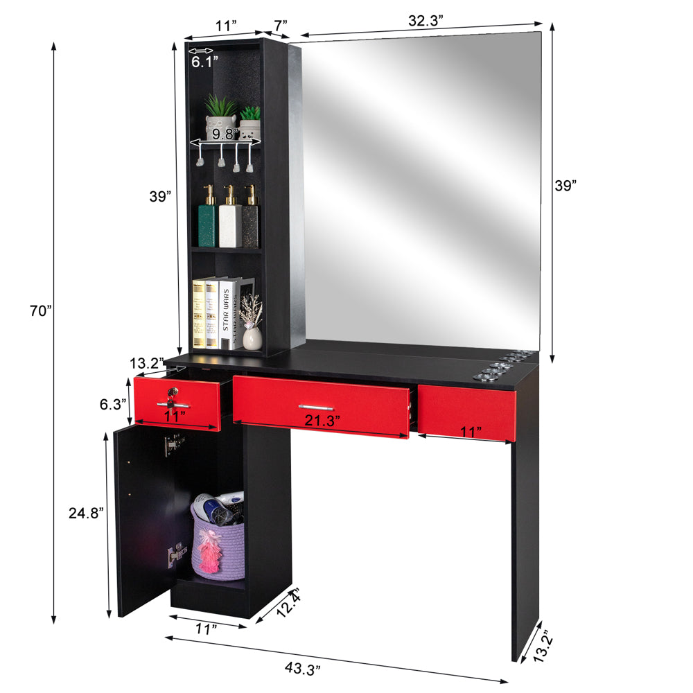 OmySalon HSC-09 Wall Mount Barber Station 2 Drawers 1 Storage Cabinet 3 Open Shelves with Mirror & Support Leg