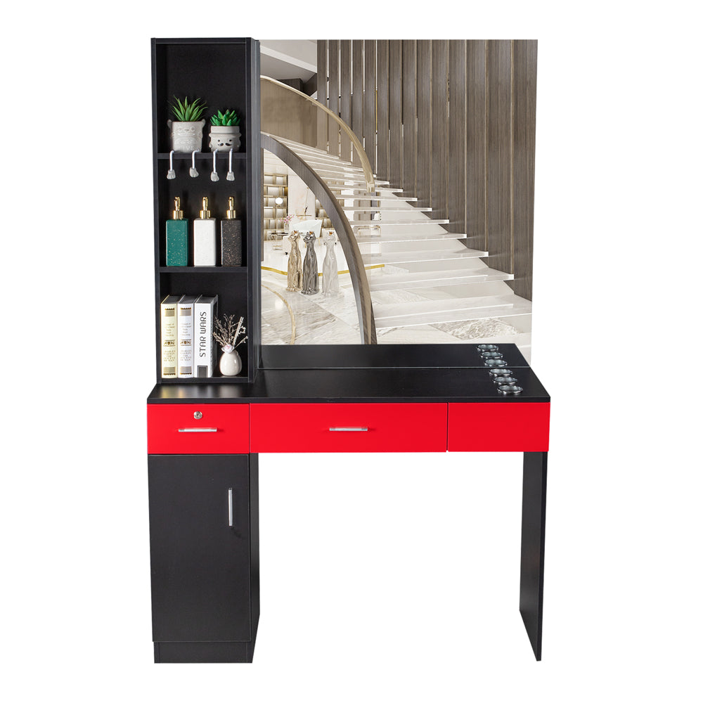 OmySalon HSC-09 Wall Mount Barber Station 2 Drawers 1 Storage Cabinet 3 Open Shelves with Mirror & Support Leg