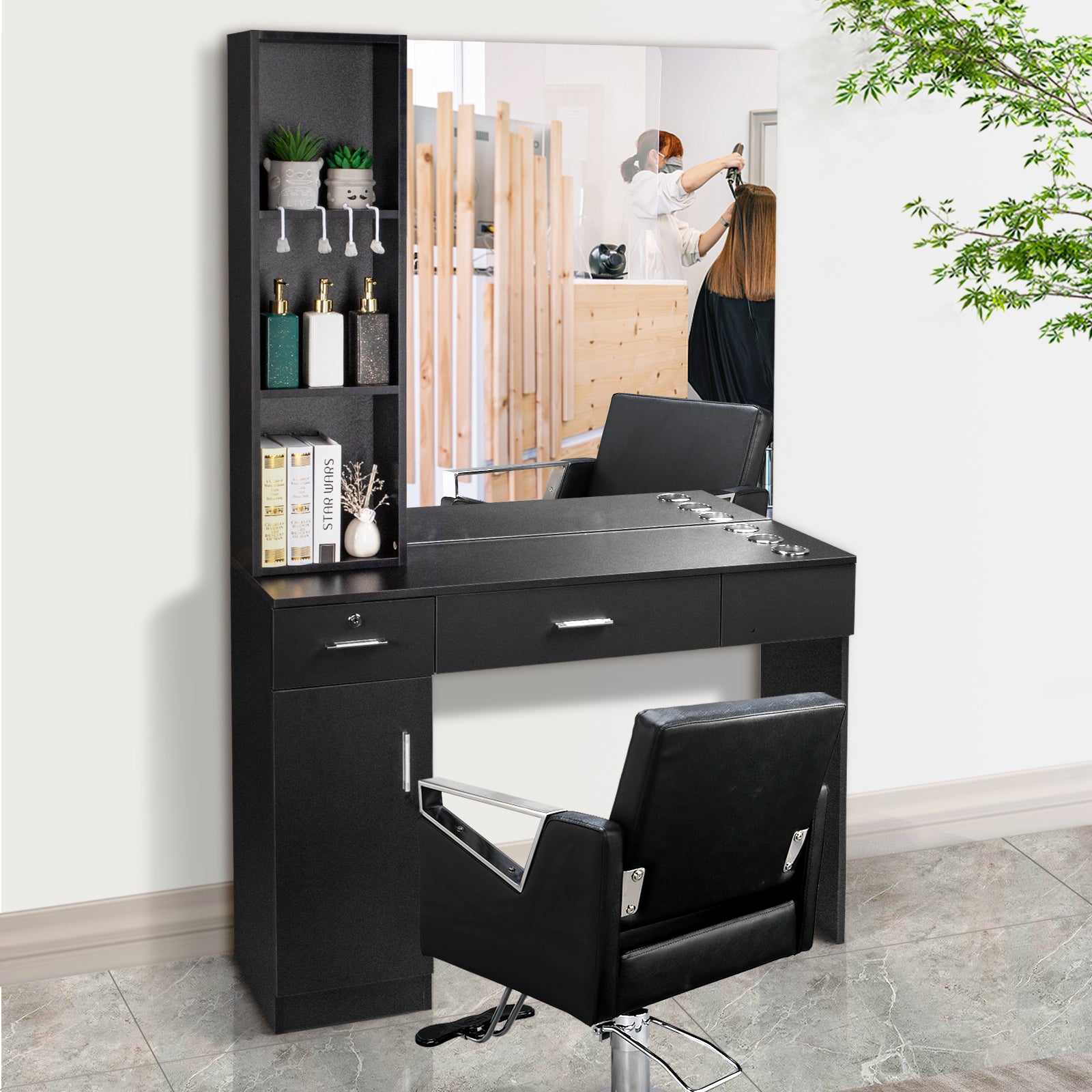 OmySalon HSC-09 Wall Mount Barber Station 2 Drawers 1 Storage Cabinet 3 Open Shelves with Mirror & Support Leg