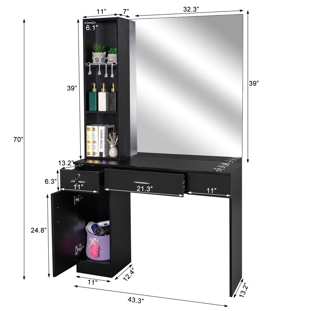 OmySalon HSC-09 Wall Mount Barber Station 2 Drawers 1 Storage Cabinet 3 Open Shelves with Mirror & Support Leg