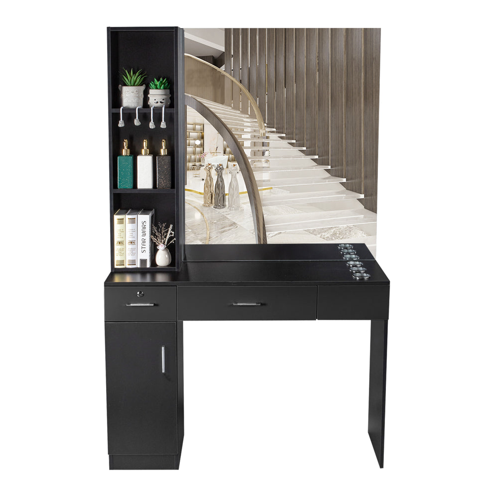 OmySalon HSC-09 Wall Mount Barber Station 2 Drawers 1 Storage Cabinet 3 Open Shelves with Mirror & Support Leg