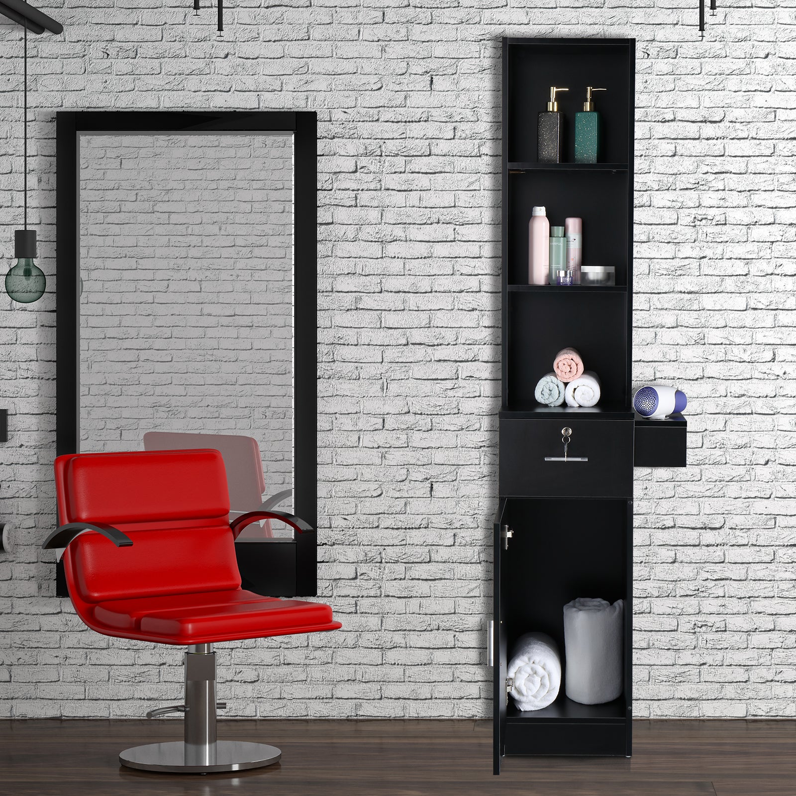 OmySalon Barber Storage Station Cabinet w/1 Drawer 3-Tier Storage Shelf 1 Storage Cabinet 3 Hair Dryer Holders
