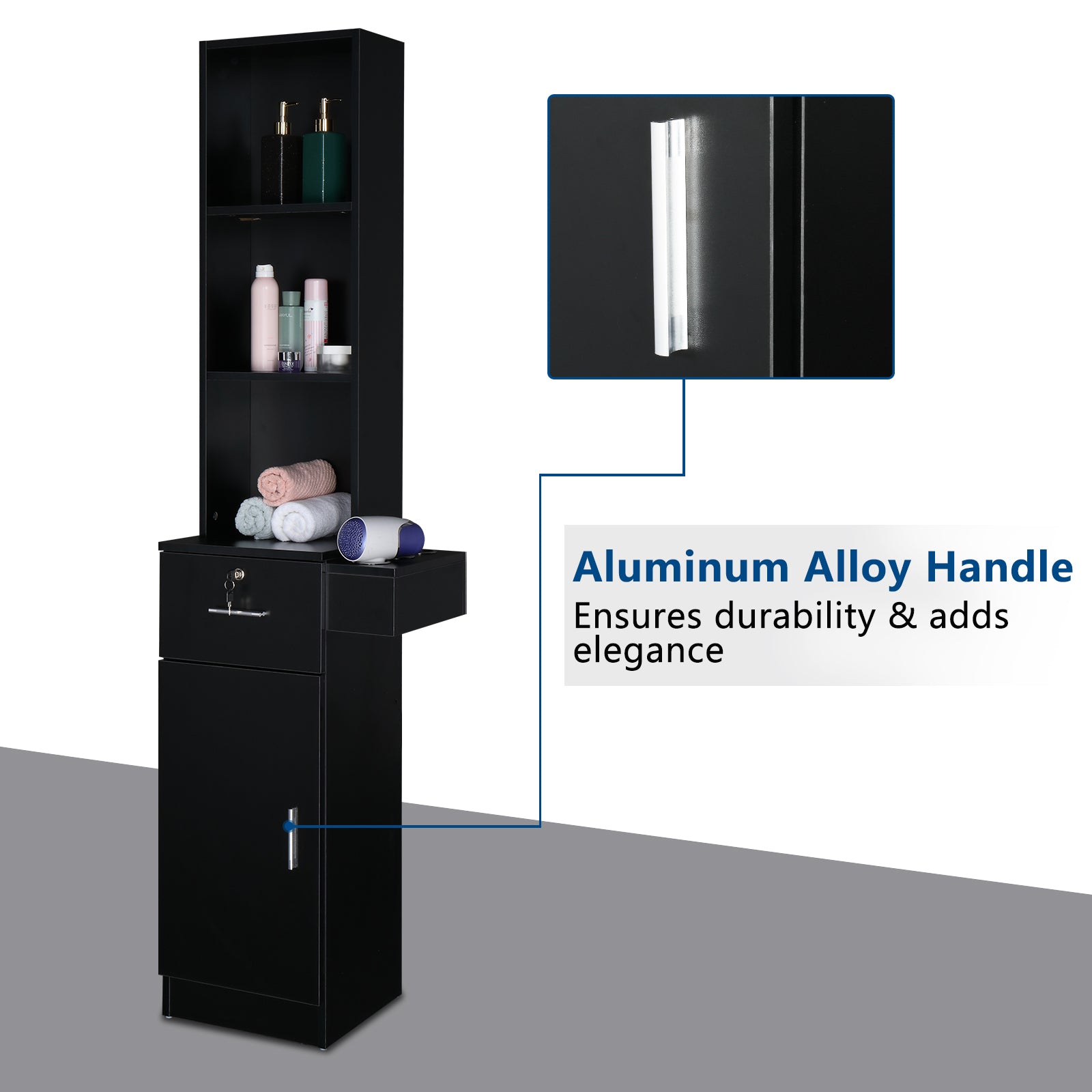 OmySalon Barber Storage Station Cabinet w/1 Drawer 3-Tier Storage Shelf 1 Storage Cabinet 3 Hair Dryer Holders