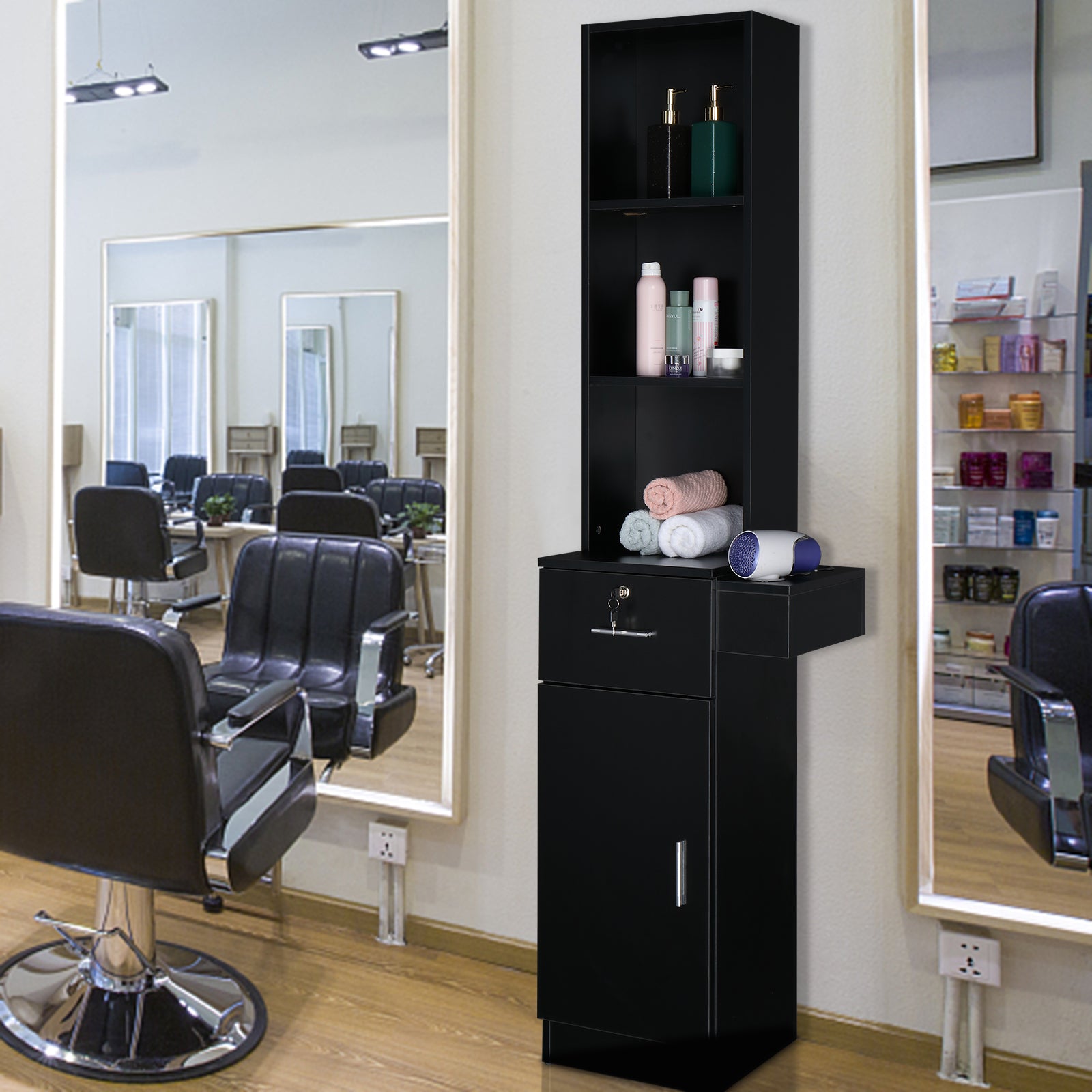 OmySalon Barber Storage Station Cabinet w/1 Drawer 3-Tier Storage Shelf 1 Storage Cabinet 3 Hair Dryer Holders