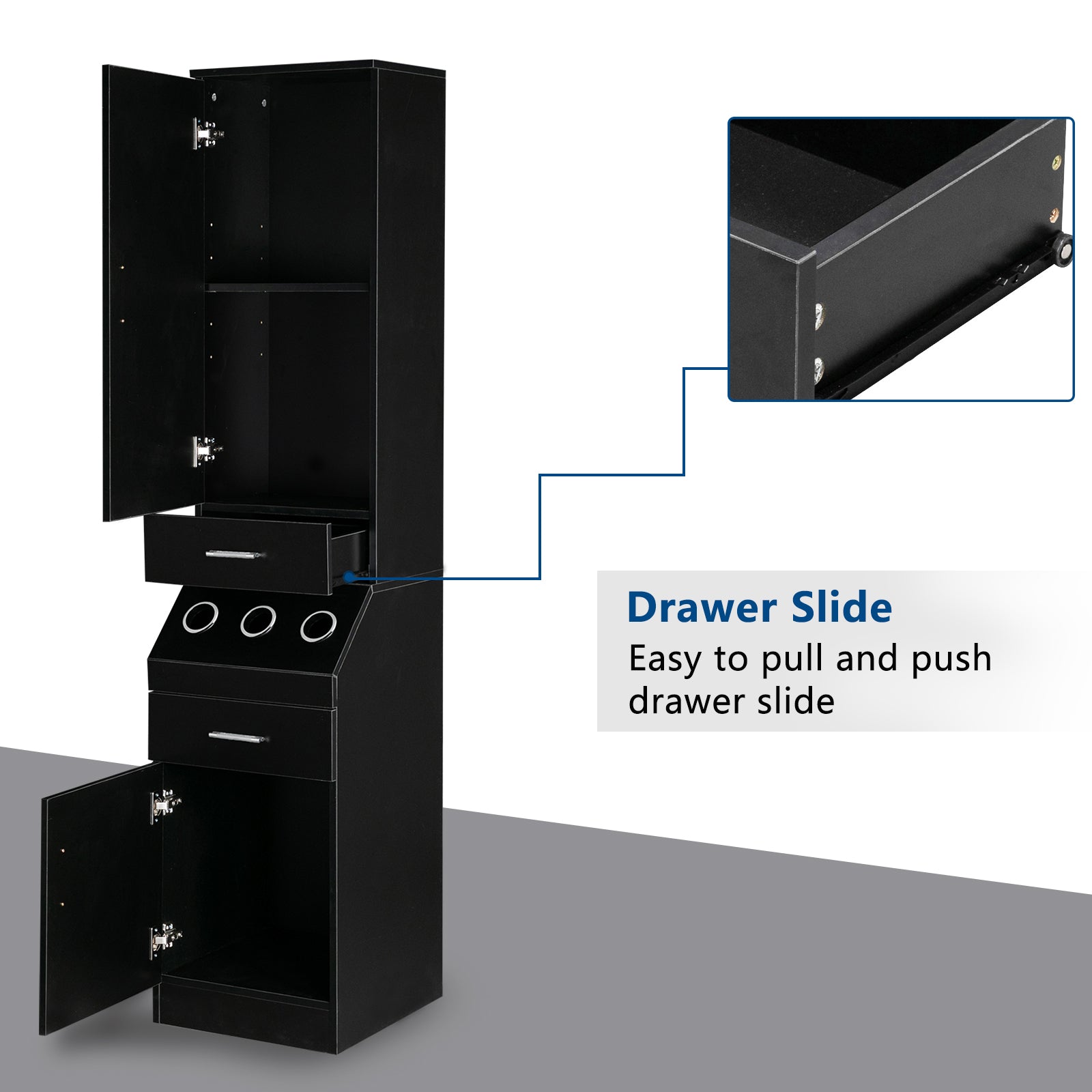 OmySalon Wall Mount Salon Barber Station 2-Tier Storage Shelf w/ Door 2 Drawer 1 Storage Cabinet 3 Hot Tool Holders Black