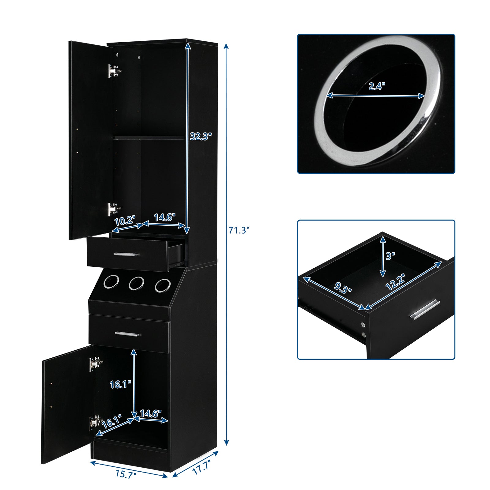OmySalon HSC-14 Barber Storage Station Cabinet w/2 Drawers 2-Tier Storage Shelf Cabinet 1 Storage Cabinet 3 Hot Tool Holders