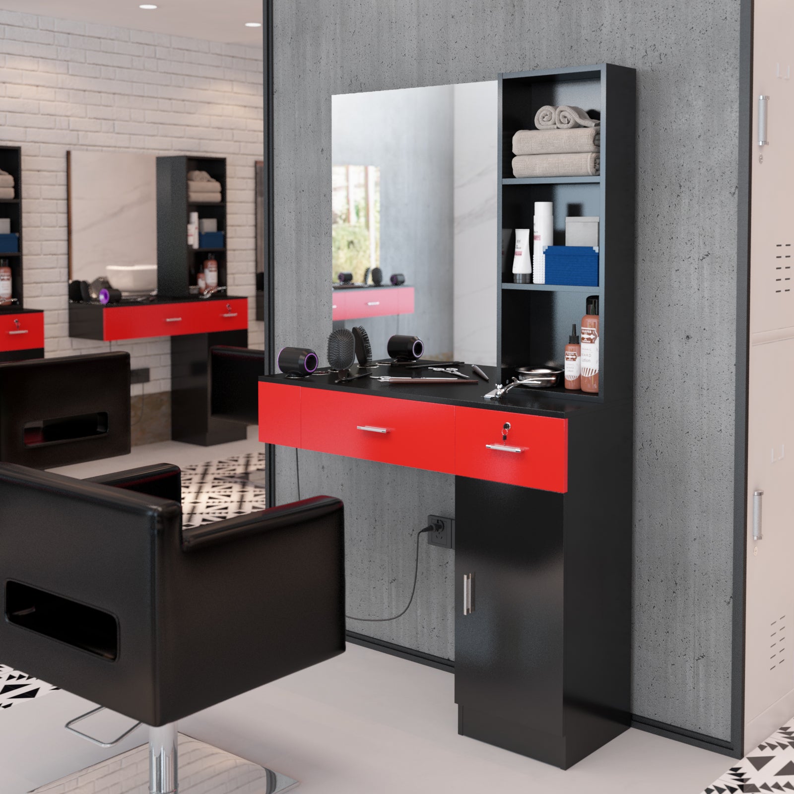 OmySalon HSC-15 Wall Mount Barber Station 2 Drawers 1 Storage Cabinet 3 Open Shelves with Mirror