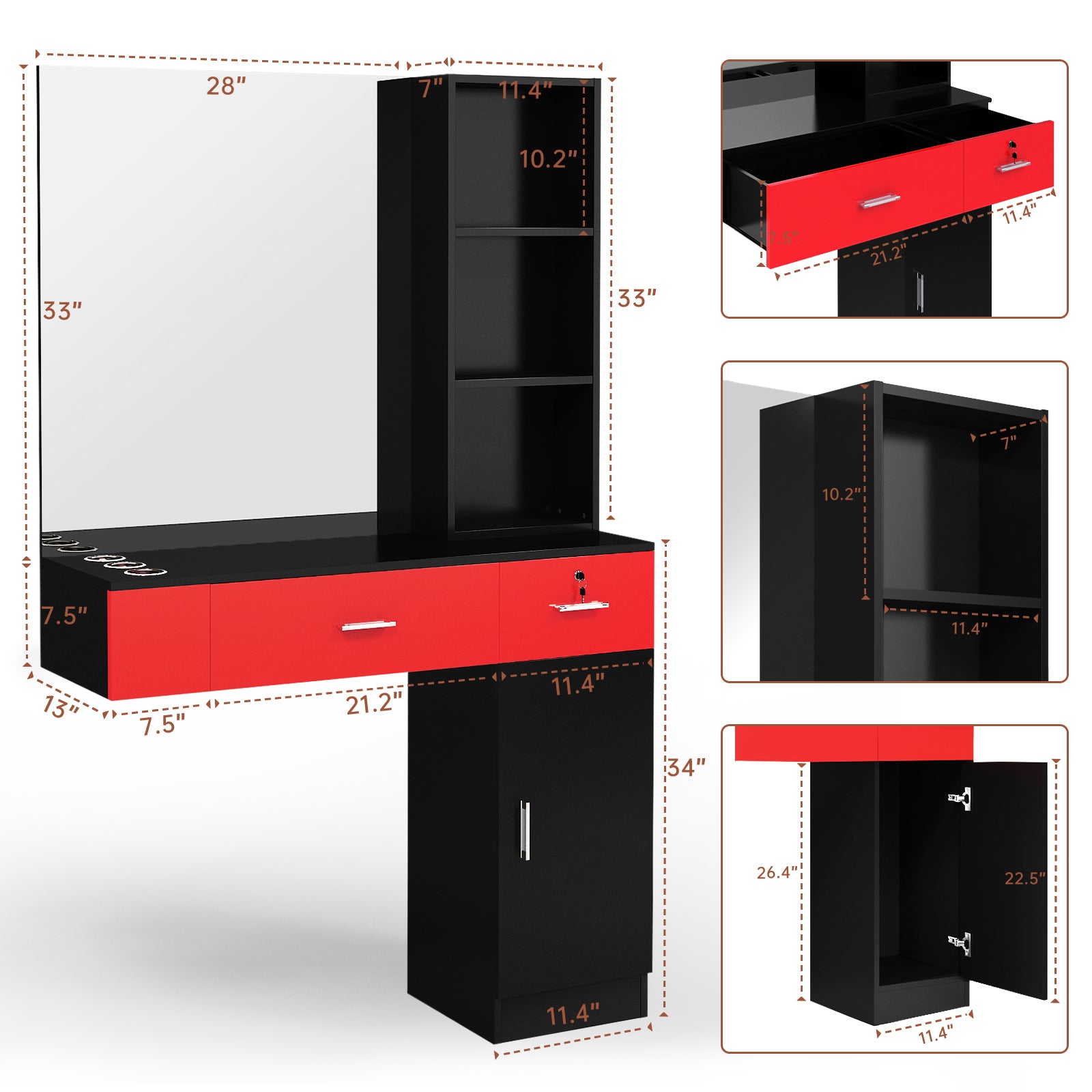 OmySalon HSC-15 Wall Mount Barber Station 2 Drawers 1 Storage Cabinet 3 Open Shelves with Mirror