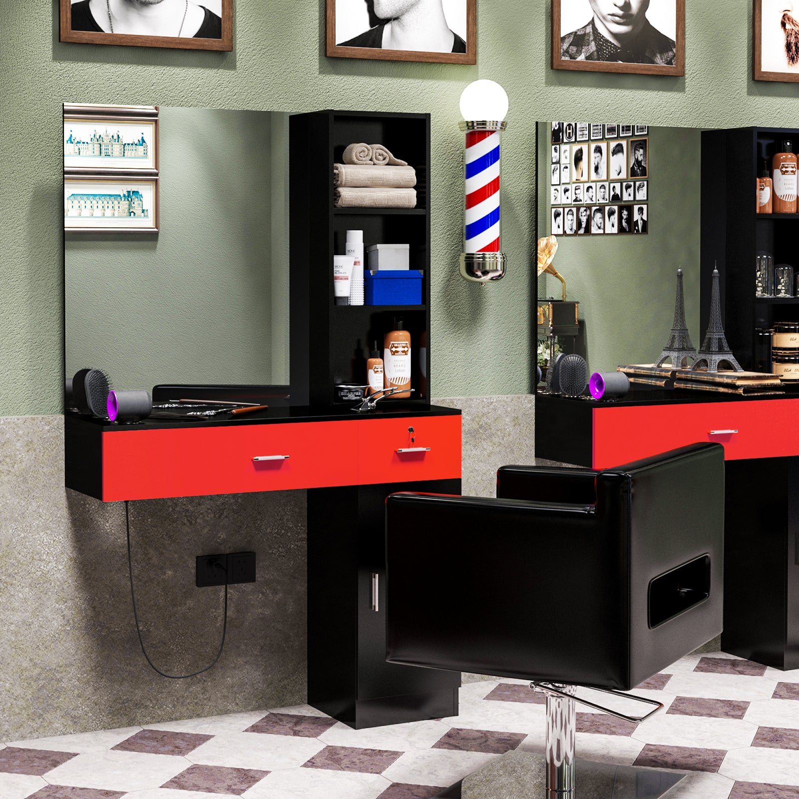 OmySalon HSC-15 Wall Mount Barber Station 2 Drawers 1 Storage Cabinet 3 Open Shelves with Mirror