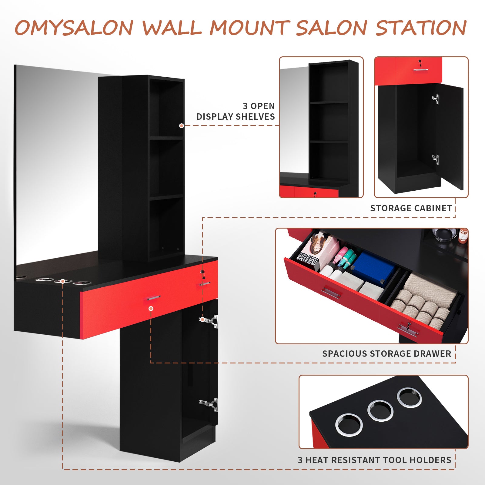 OmySalon HSC-15 Wall Mount Barber Station 2 Drawers 1 Storage Cabinet 3 Open Shelves with Mirror