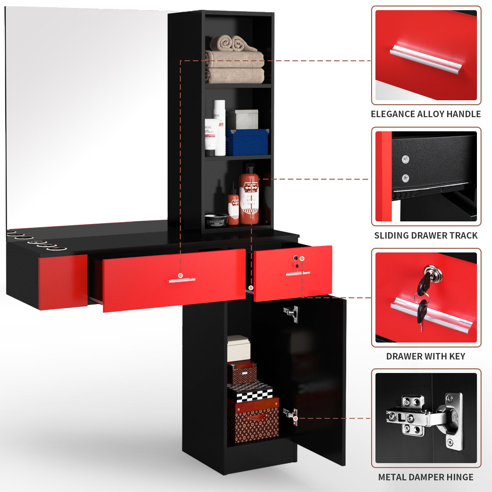 OmySalon HSC-15 Wall Mount Barber Station 2 Drawers 1 Storage Cabinet 3 Open Shelves with Mirror