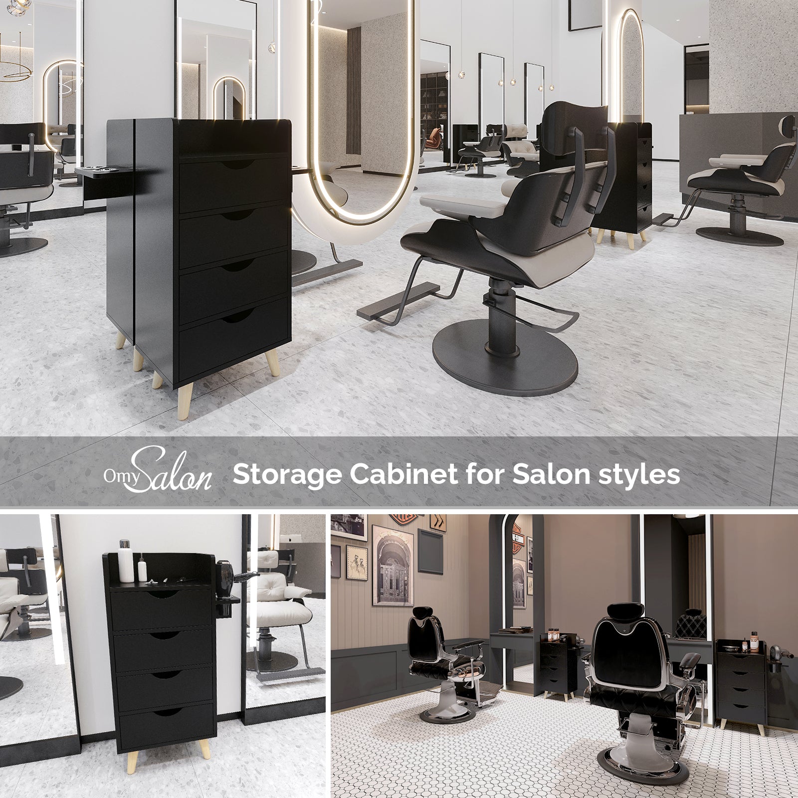 OmySalon HSC-16 4-Layer Salon Styling Storage Station w/4 Drawers 2 Hair Dryer Holders & Raised Table Legs