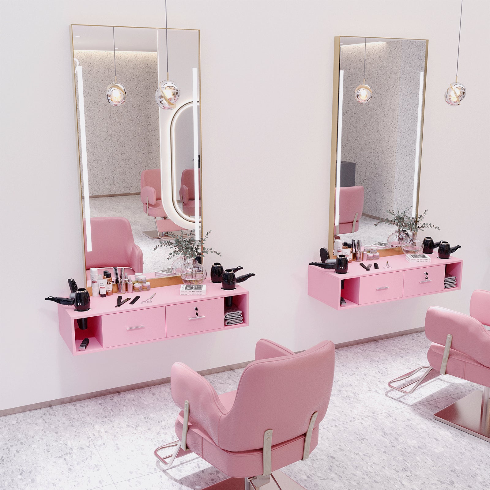 OmySalon HSC-17 Wall Mount Salon Styling Station w/2 Lockable Drawers 2 Side Open Space 5 Hair Dryer Holders
