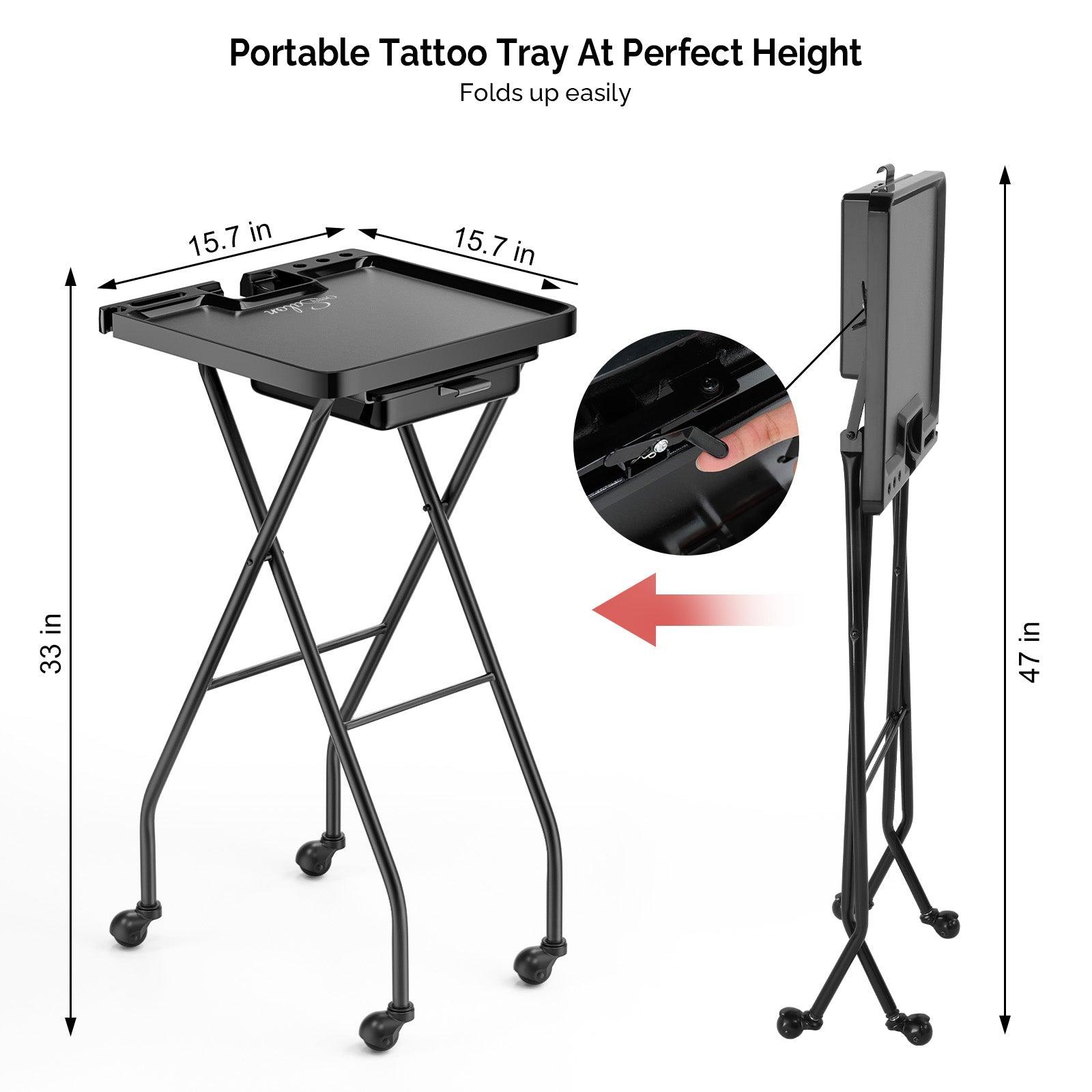 OmySalon ST1203 Foldable Rolling Salon Tray Trolley Cart w/Wheels & 2 Color Bowls 1 Drawer