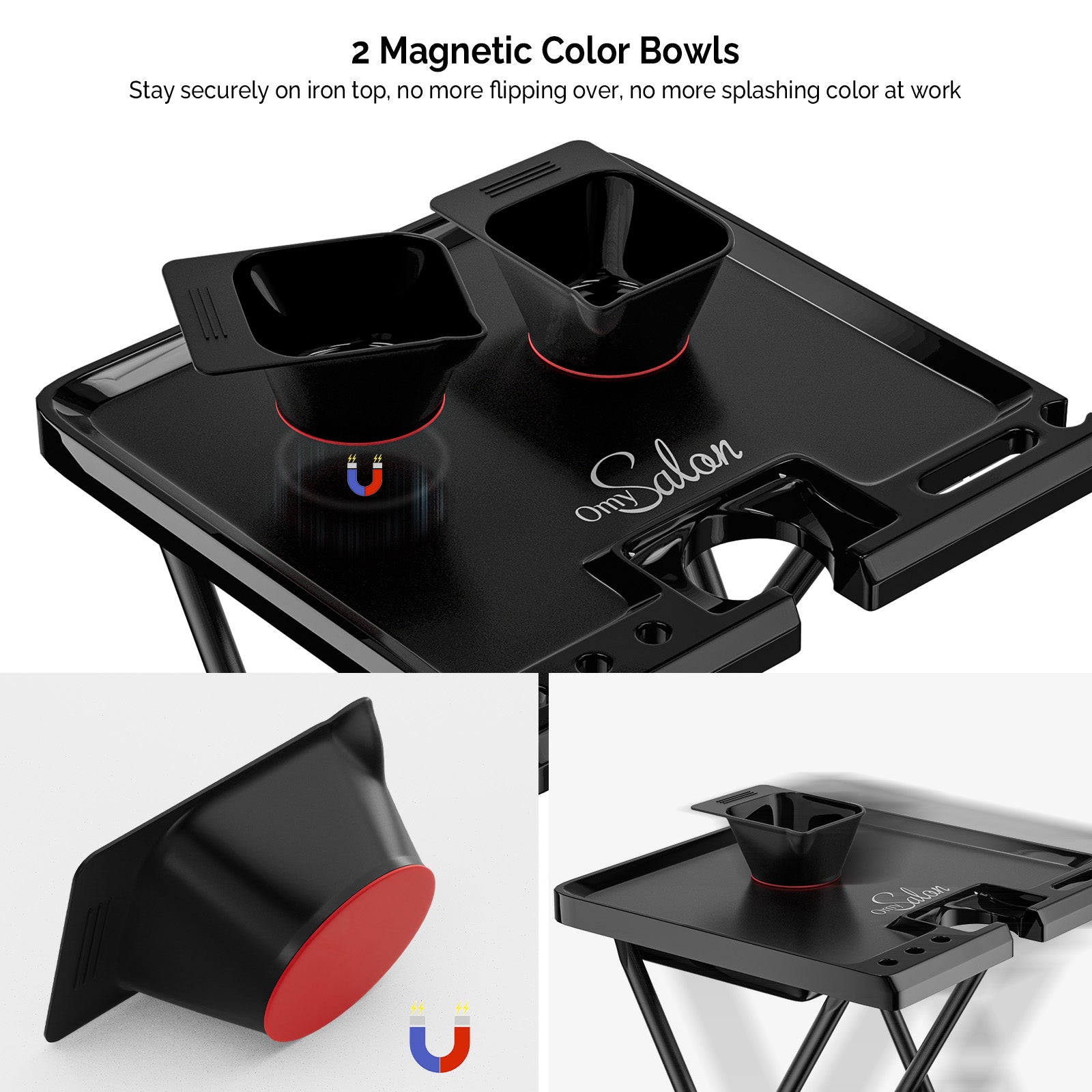 OmySalon ST1203 Foldable Rolling Salon Tray Trolley Cart w/Wheels & 2 Color Bowls 1 Drawer