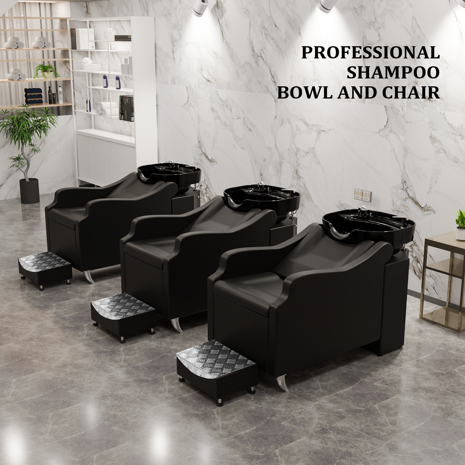 OmySalon BU1301 Salon Shampoo Bowl and Chair Backwash Unit with Extra Large Ceramic Bowl & Freestanding Ottoman