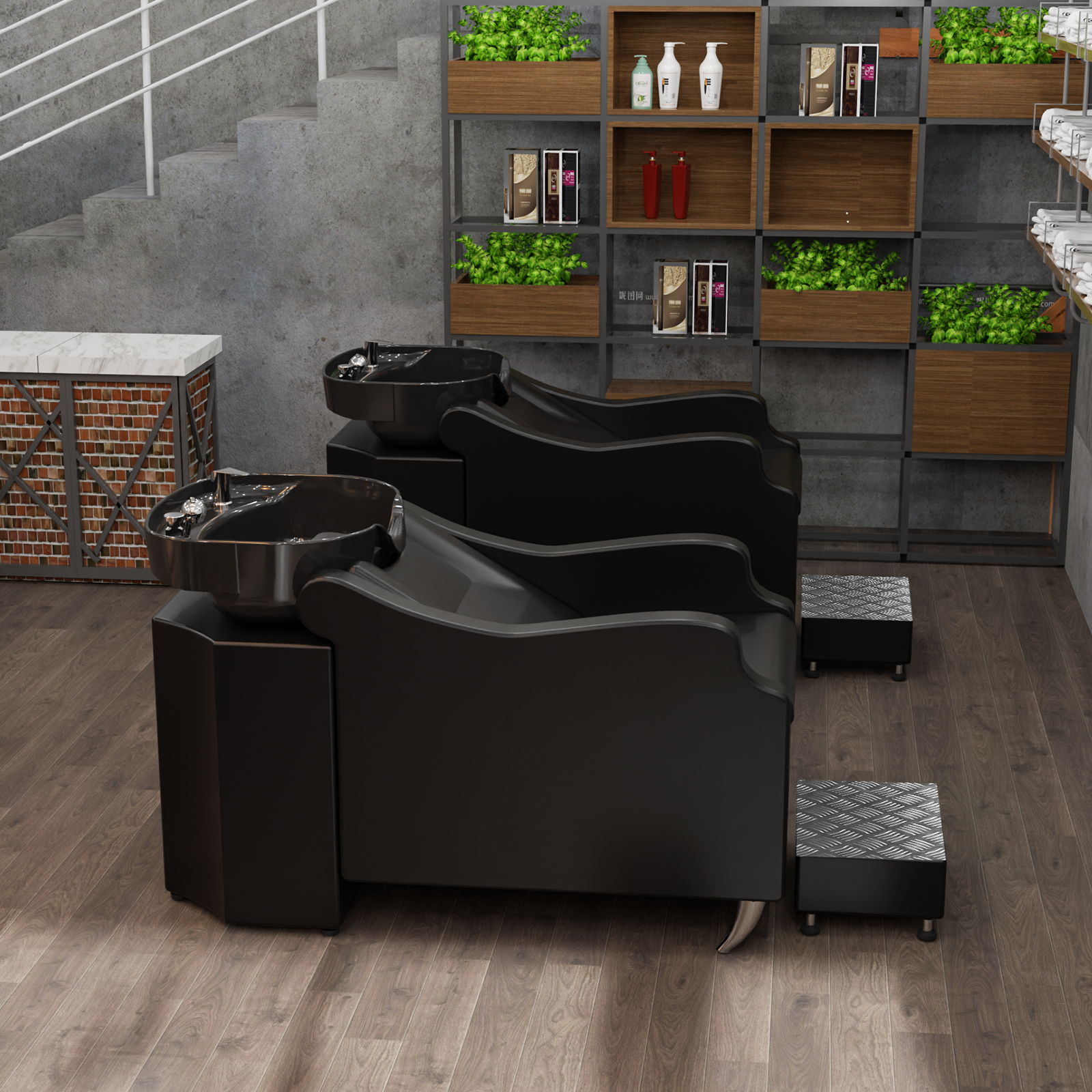 OmySalon BU1301 Salon Shampoo Bowl and Chair Backwash Unit with Extra Large Ceramic Bowl & Freestanding Ottoman